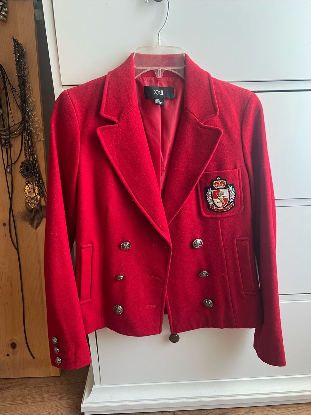 Forever 21 Red Double-Breasted Blazer with Embroidered Crest Patch